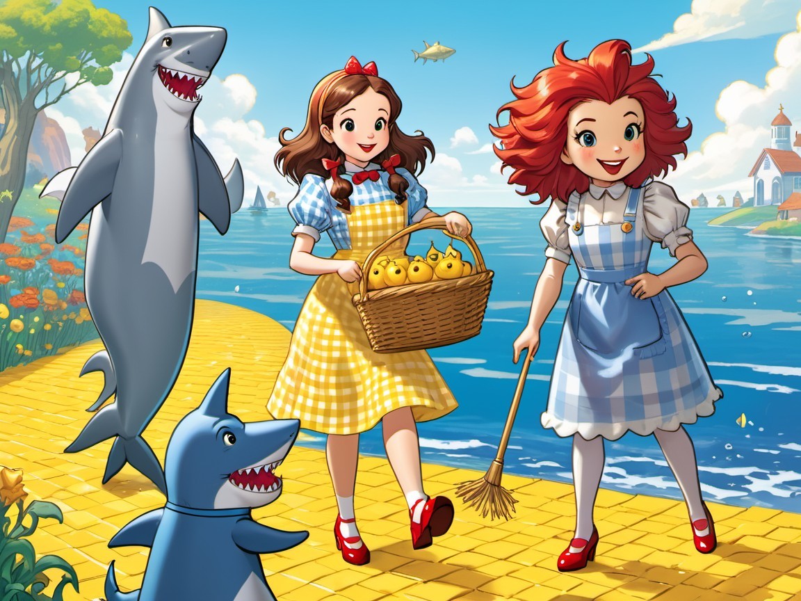 Cheerful Girls Strolling by Water with Lemons and Sharks
