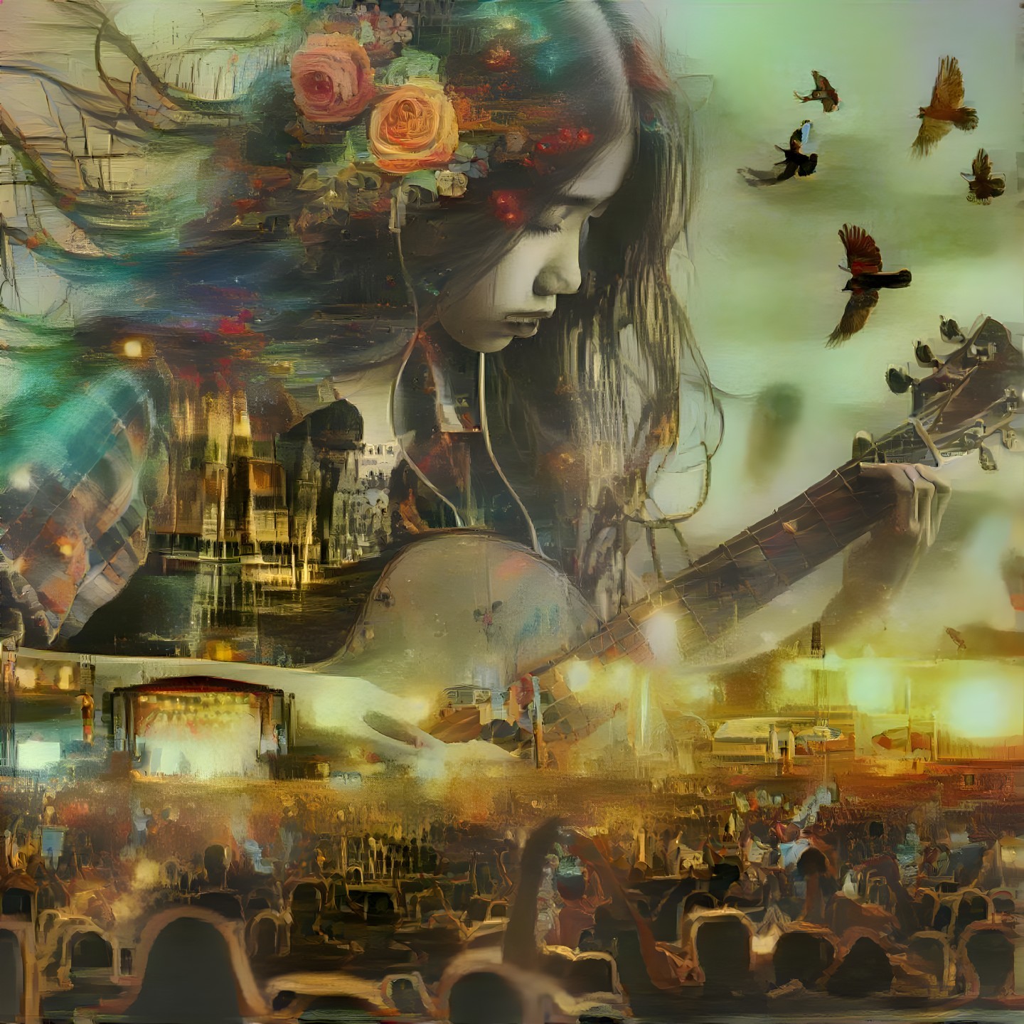 Young Woman Playing Guitar at Vibrant Music Festival