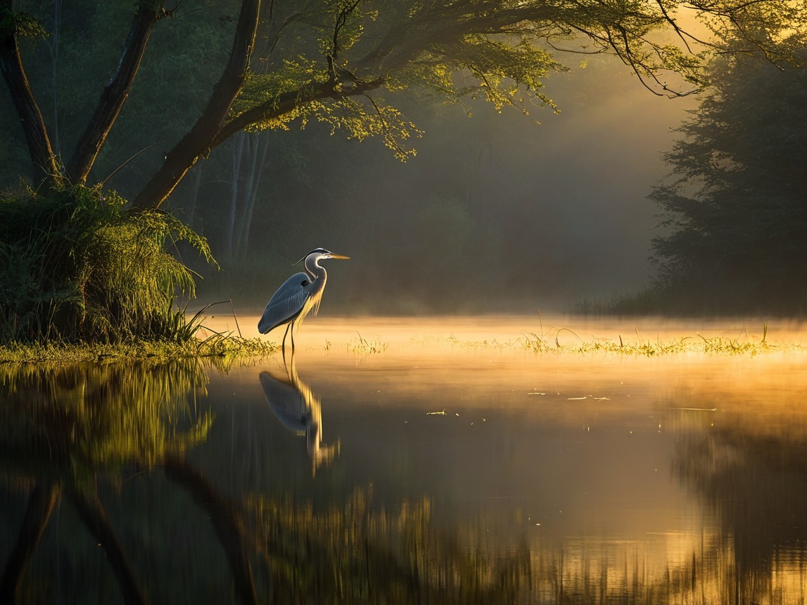 Dawn at a Misty Lakeside with a Solitary Heron
