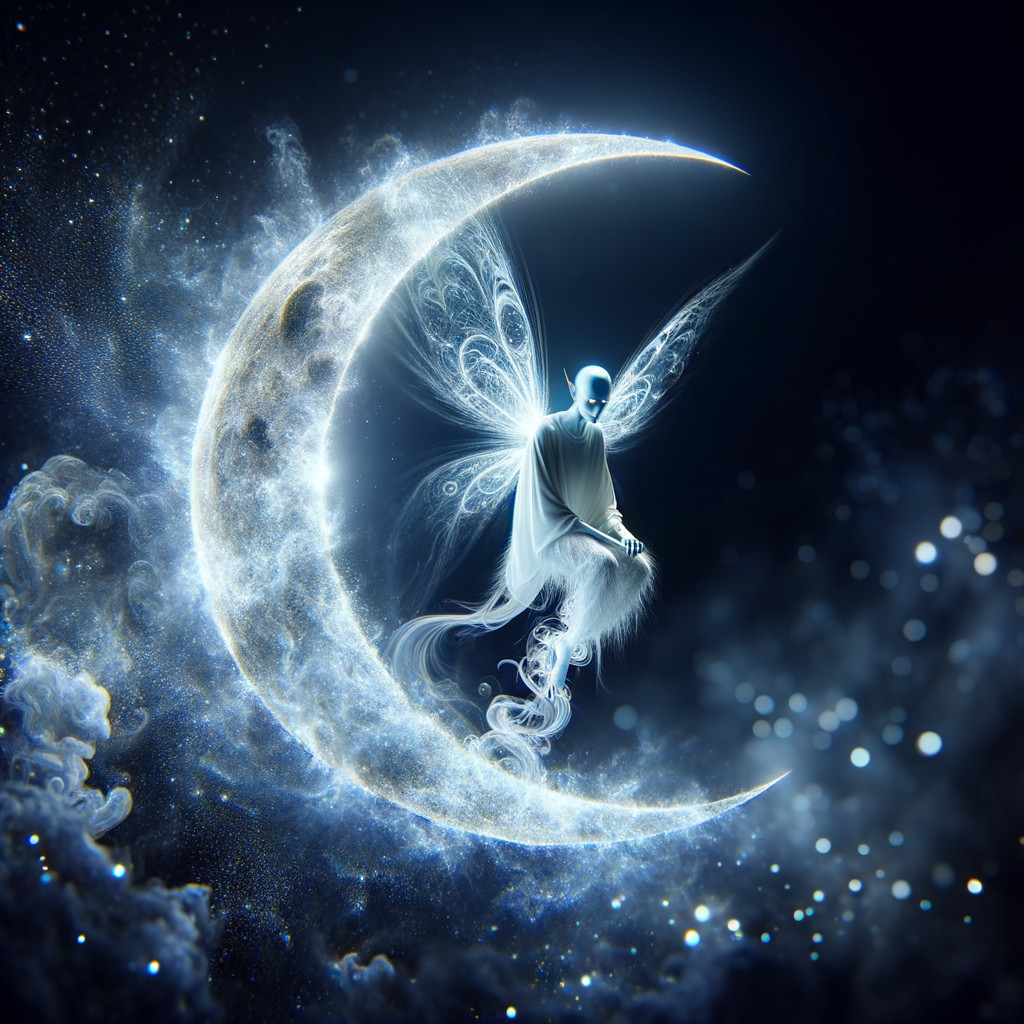 Mystical figure with wings on a crescent moon scene