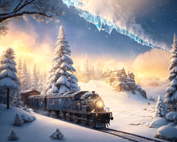 Vintage Steam Locomotive in Winter Landscape Scene