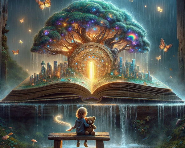Child with Teddy Bear in Enchanted Book Scene
