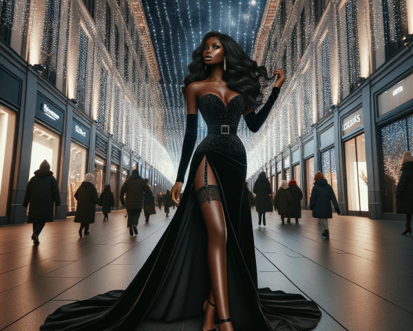 Elegant Black Gown on a Festively Lit Street