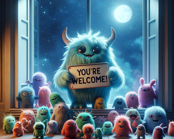 Fluffy monster and whimsical creatures in moonlit room