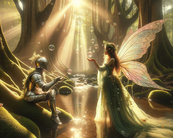 Knight and Fairy in a Magical Forest Scene