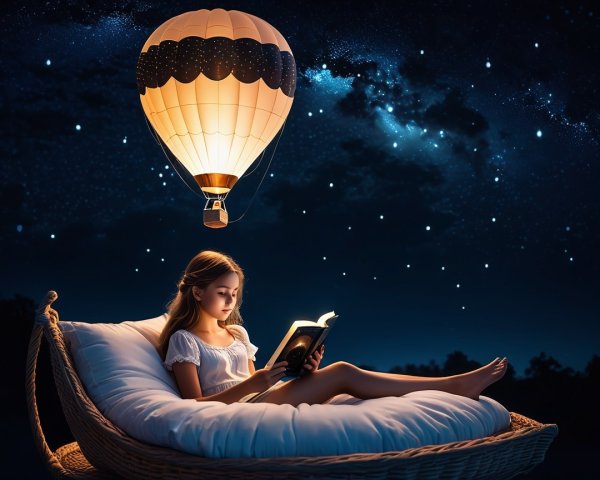 Young girl reading on a wicker bed under stars