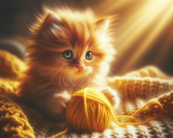 Fluffy orange kitten with blue eyes on knitted blanket