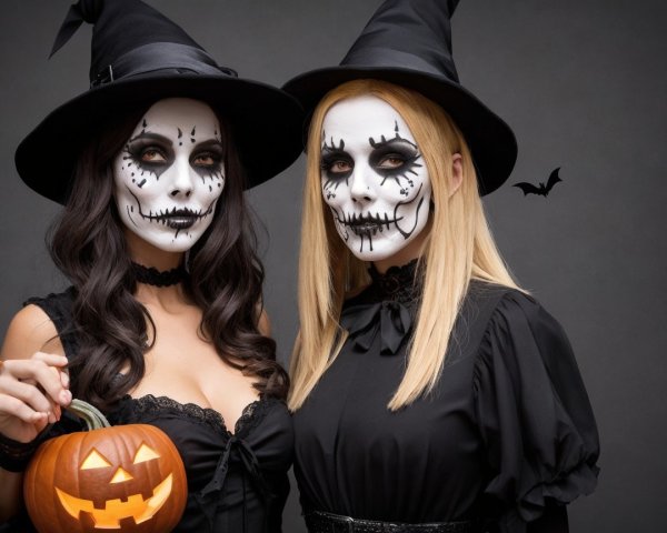 Witches in Black Outfits with Skeleton Face Paint
