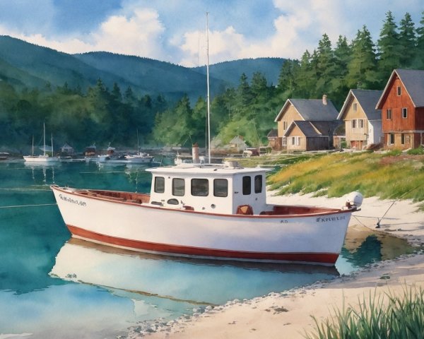 Coastal Scene with Fishing Boat and Sandy Shoreline
