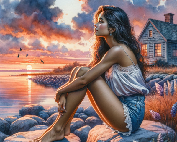 Serene sunset over calm waters with a woman by shore
