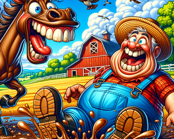 Jovial Farmer and Cheerful Horse in Muddy Puddle