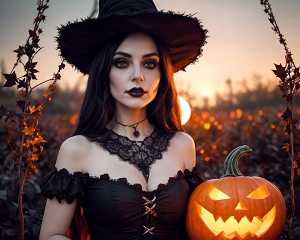 Witch in Pumpkin Patch at Dusk with Carved Pumpkin
