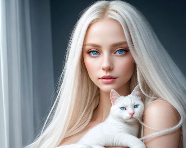 Young woman with platinum blonde hair and a cat