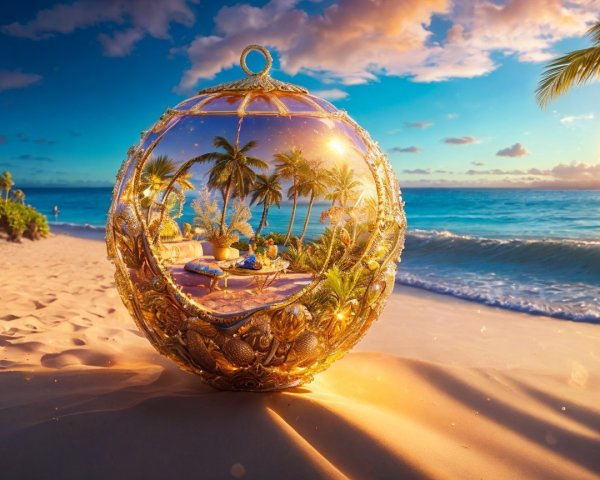 Glass Sphere Reflecting Tropical Paradise at Sunset