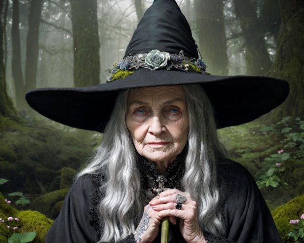 Elderly Woman in Witch Hat in Mystical Forest Setting