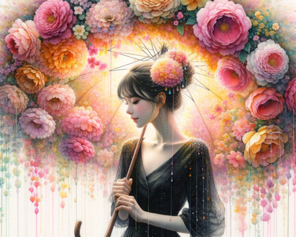 Young Woman with Umbrella in Flower Garden Setting