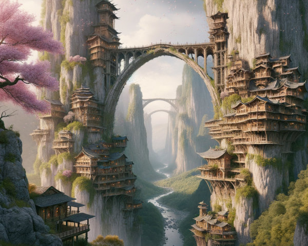 Lush Green Cliffs with Wooden Structures and Bridge