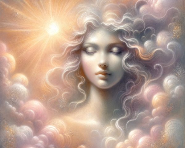 Ethereal figure in clouds with pastel sky hues