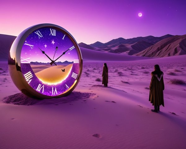 Surreal Desert Scene with Golden Clock and Cloaked Figures