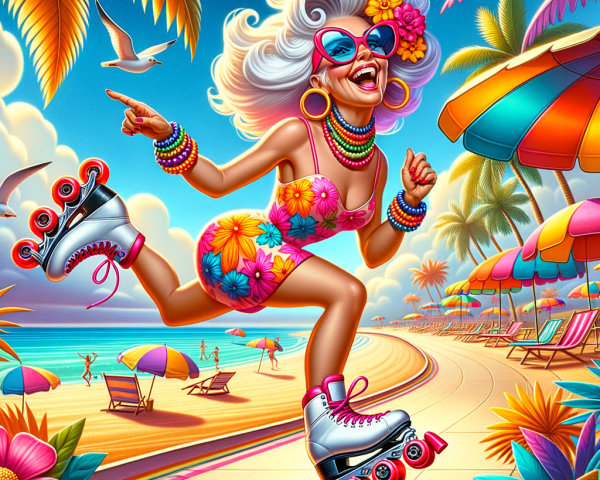 Vibrant Beach Scene with Joyful Woman on Roller Skates