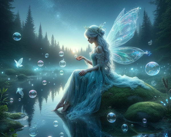 Fairy on Moss Rock by Tranquil Reflective Lake