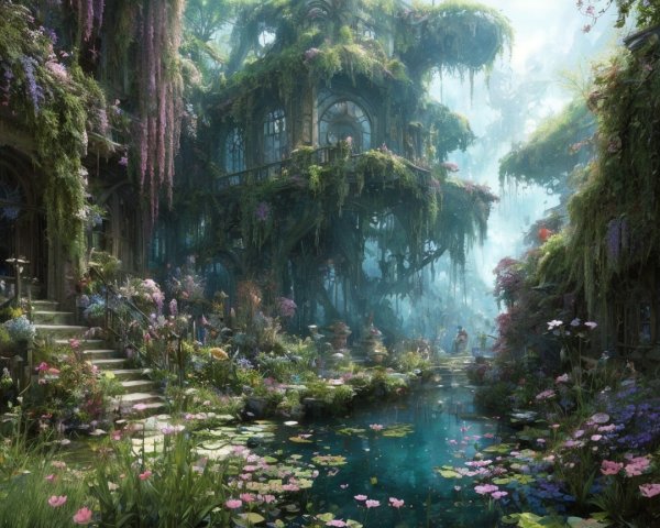 Ethereal Garden with Overgrown Mansion and Pond