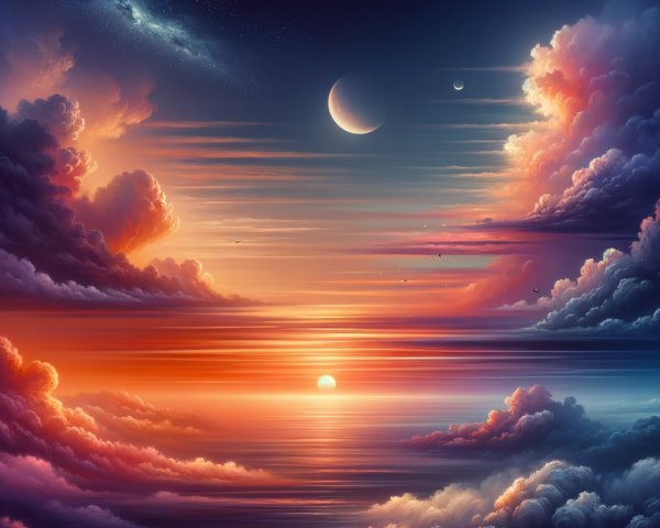 Vibrant Sunset with Crescent Moon and Ocean Reflection