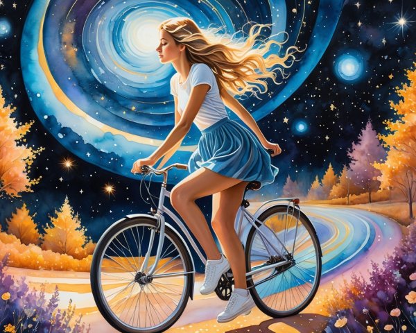 Young woman cycling in a cosmic landscape at night