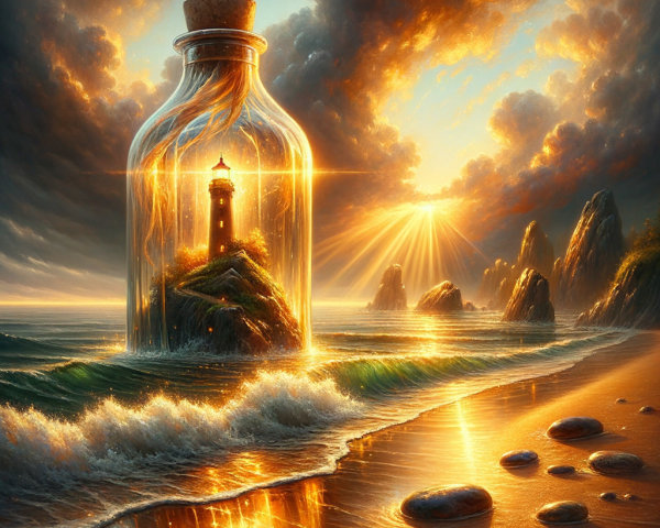 Lighthouse in Glass Bottle Against Sunset Coastline