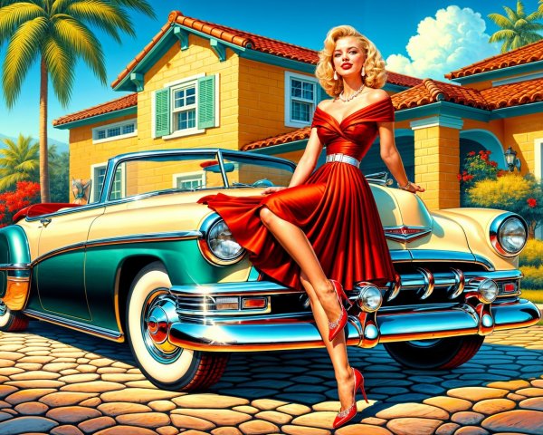 Glamorous Woman in Red Dress by Vintage Convertible