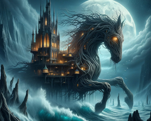 Otherworldly Castle and Ethereal Creature Scene