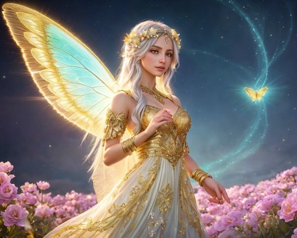 Serene Fantasy Scene with Fairy and Pink Roses