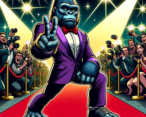Stylized Gorilla in Purple Tuxedo on Red Carpet