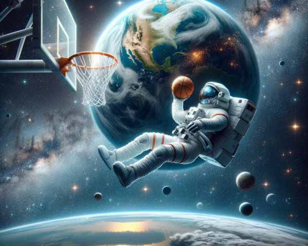 Astronaut in Space Suit with Basketball and Hoop