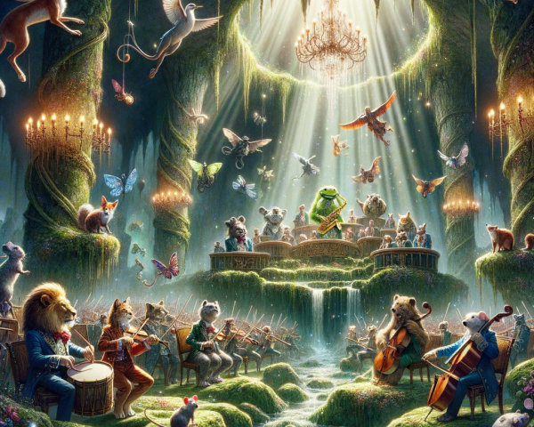 Whimsical Orchestra of Animals in a Magical Cavern