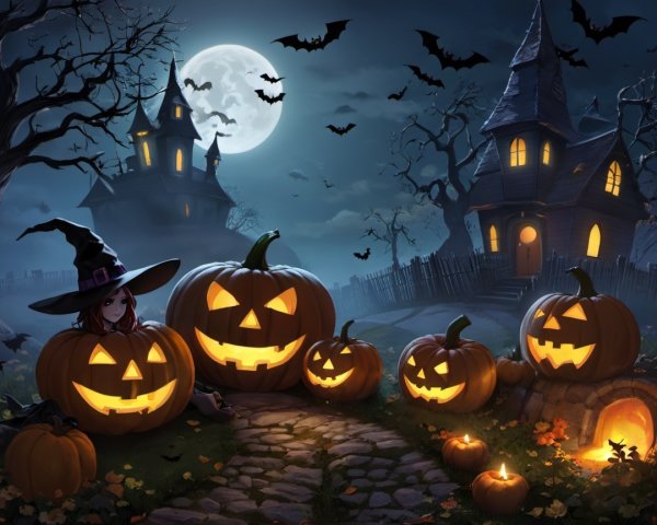 Spooky Halloween Night with Haunted Houses and Jack-o'-Lanterns