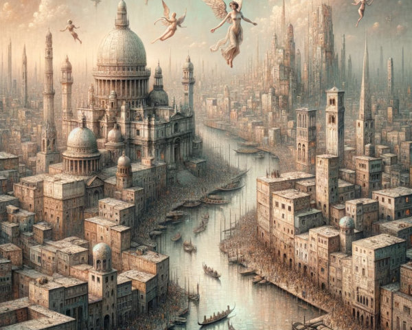 Fantasy Cityscape with River and Ethereal Angels