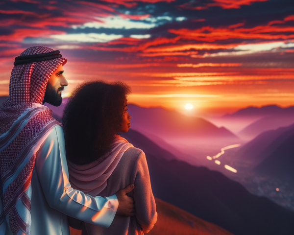 Traditional Attire Against a Sunset Landscape