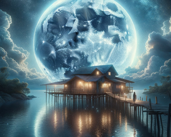 Wooden House on Stilts by Moonlit Water Scene