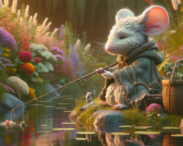 Charming Mouse Fishing by a Tranquil Pond in Garden