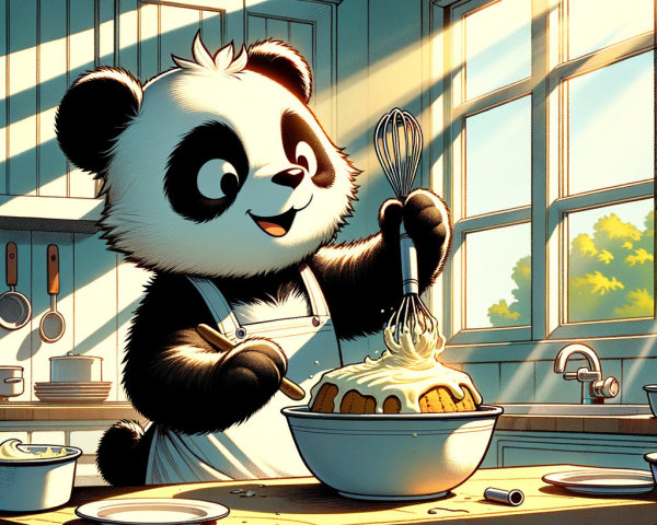 Panda in a Sunlit Kitchen Mixing Dessert Batter