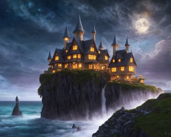 Castle on Cliff with Twilight Sky and Full Moon