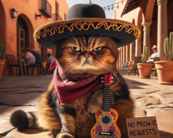 Fluffy Cat in Sombrero with Mini Guitar in Courtyard