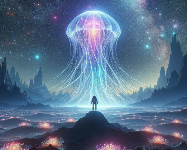 Astronaut Observing Glowing Jellyfish in Alien Landscape