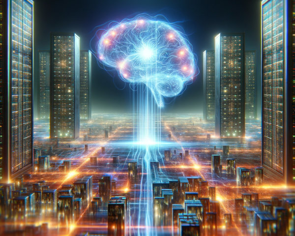 Futuristic cityscape with glowing skyscrapers and brain