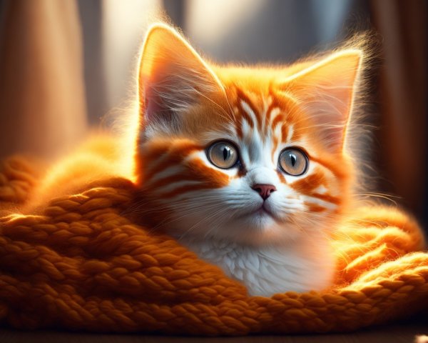 Fluffy Orange Tabby Kitten on Cozy Knitted Blanket