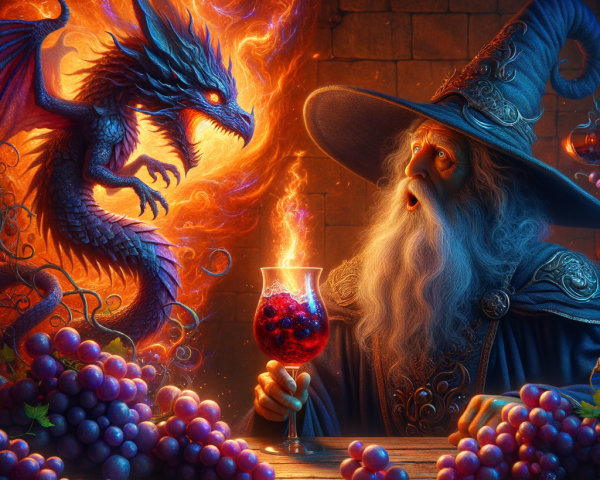 Elderly wizard observes fiery dragon in mystical setting