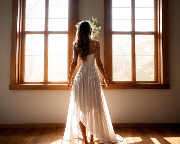 Young Woman in White Dress by Large Window