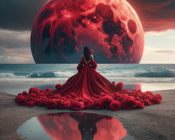 Woman in Red Gown on Beach with Surreal Moon