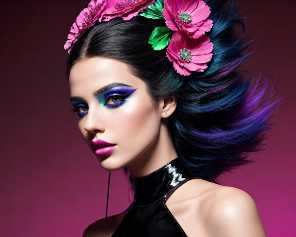 Portrait of a Young Woman with Colorful Makeup and Accessories